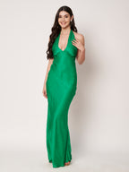 Green Jacquard Halter Neck Maxi Dress