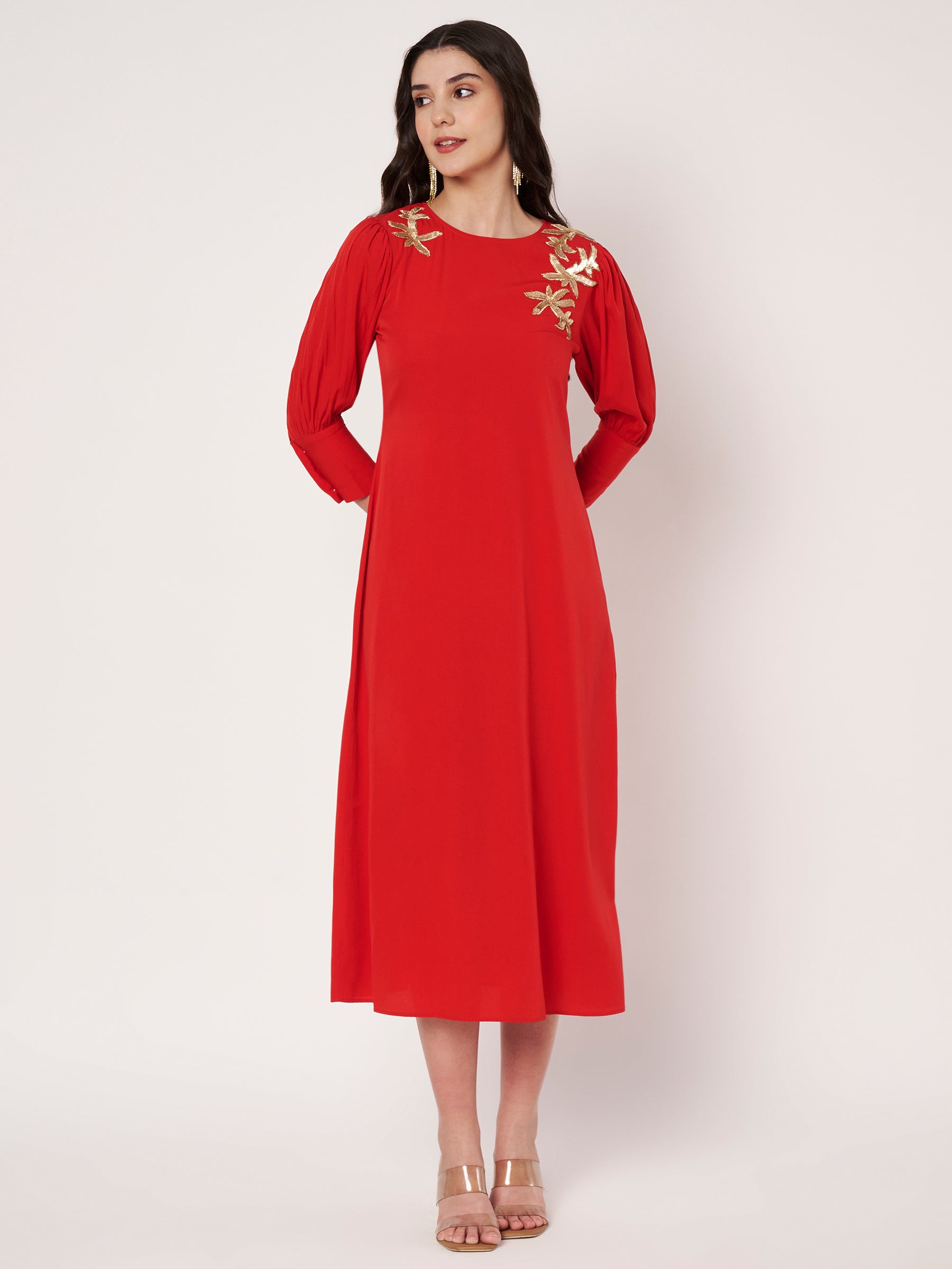 Embellished Red Midi Dress
