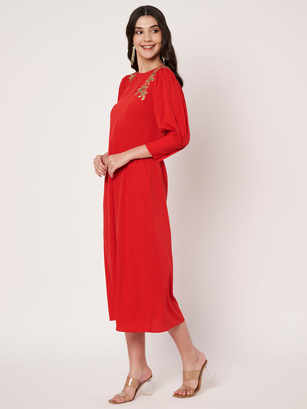 Embellished Red Midi Dress