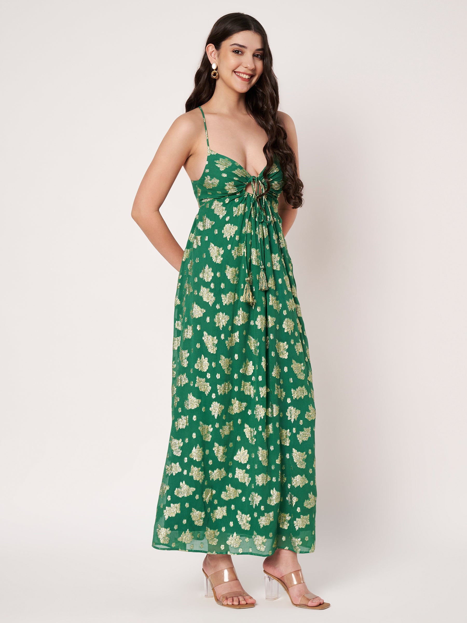 Green Lurex Fit & Flare Maxi Dress