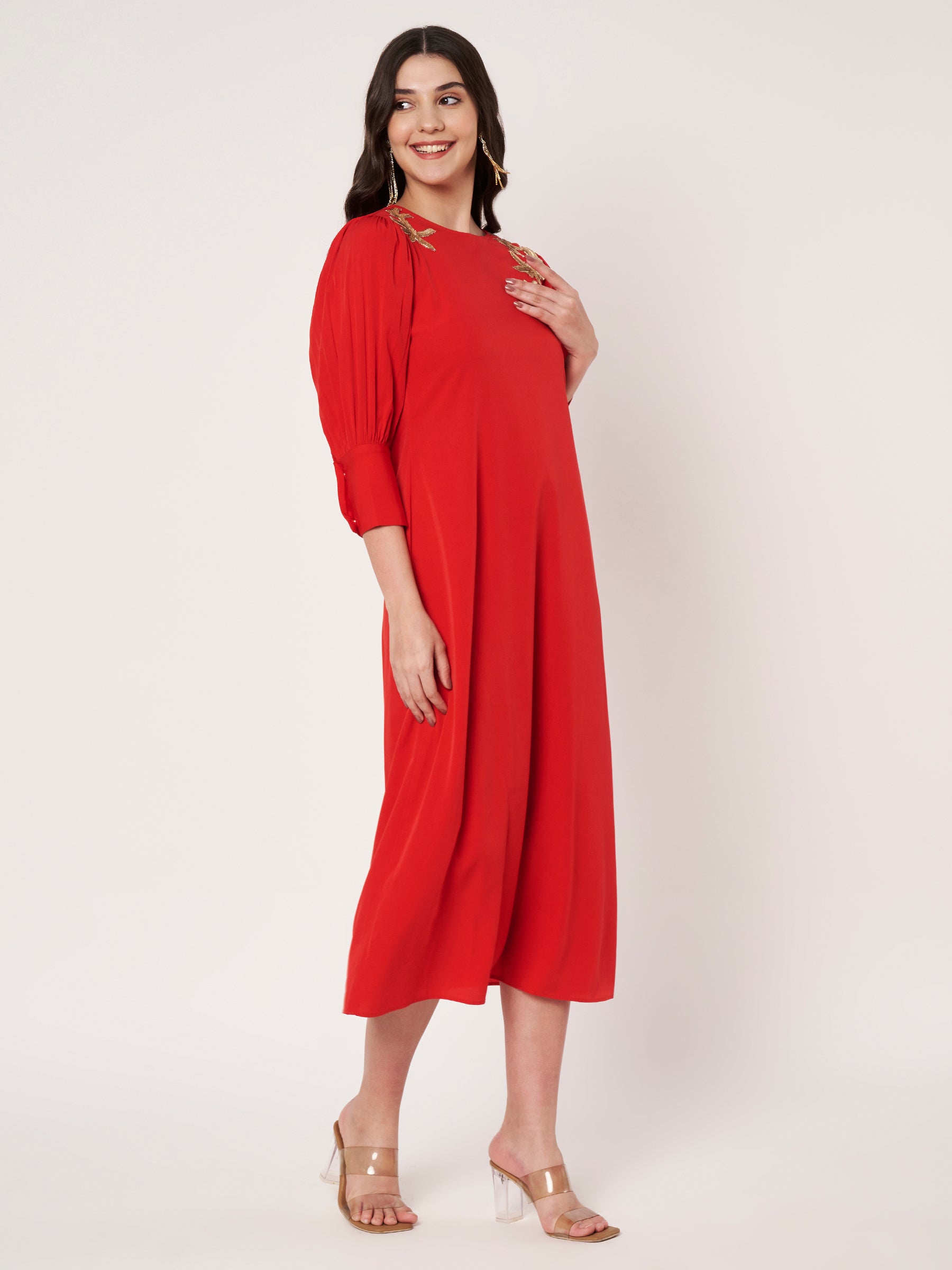 Embellished Red Midi Dress