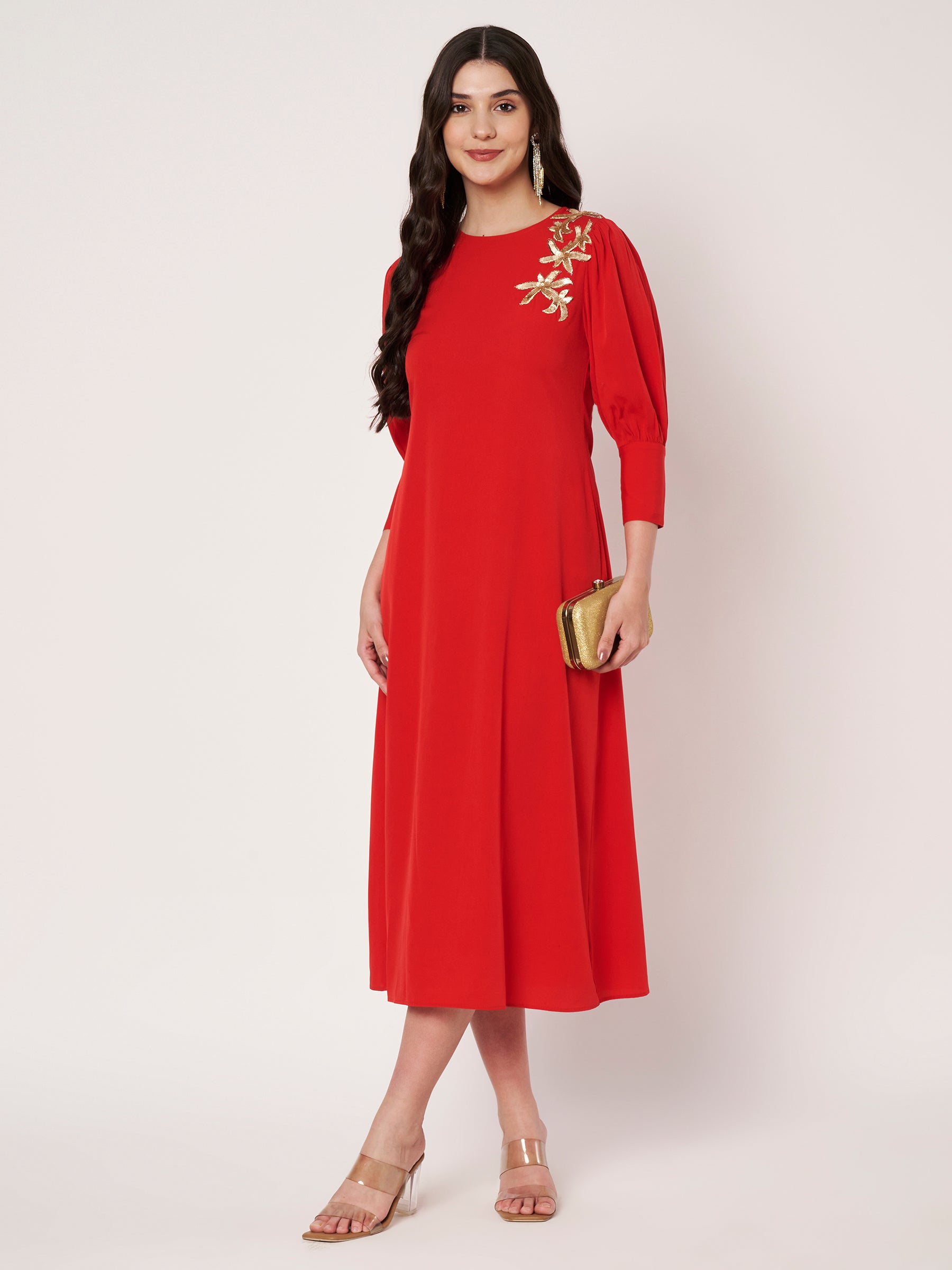 Embellished Red Midi Dress