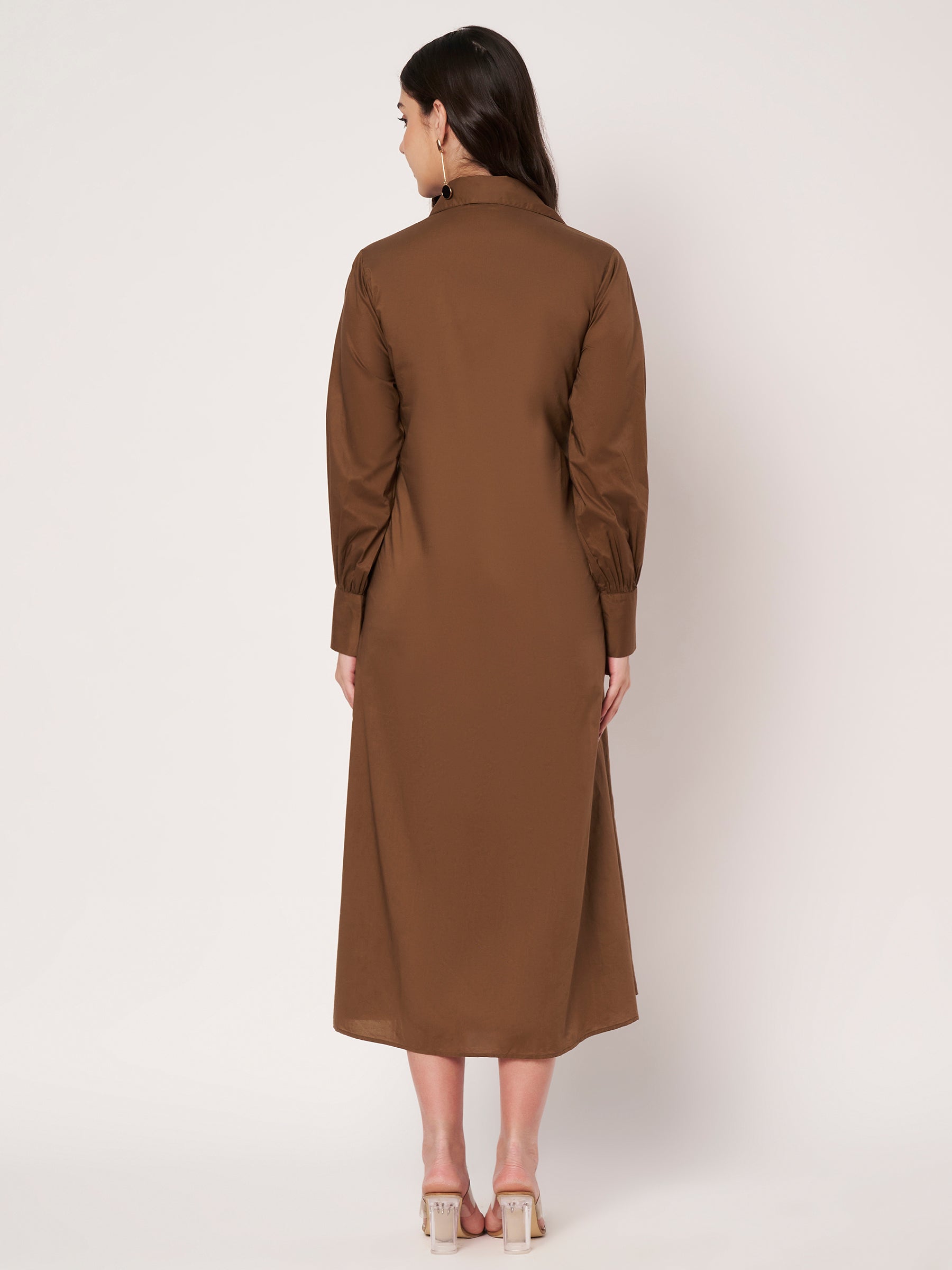Brown Cotton Poplin Tie-Waist Shirt Dress