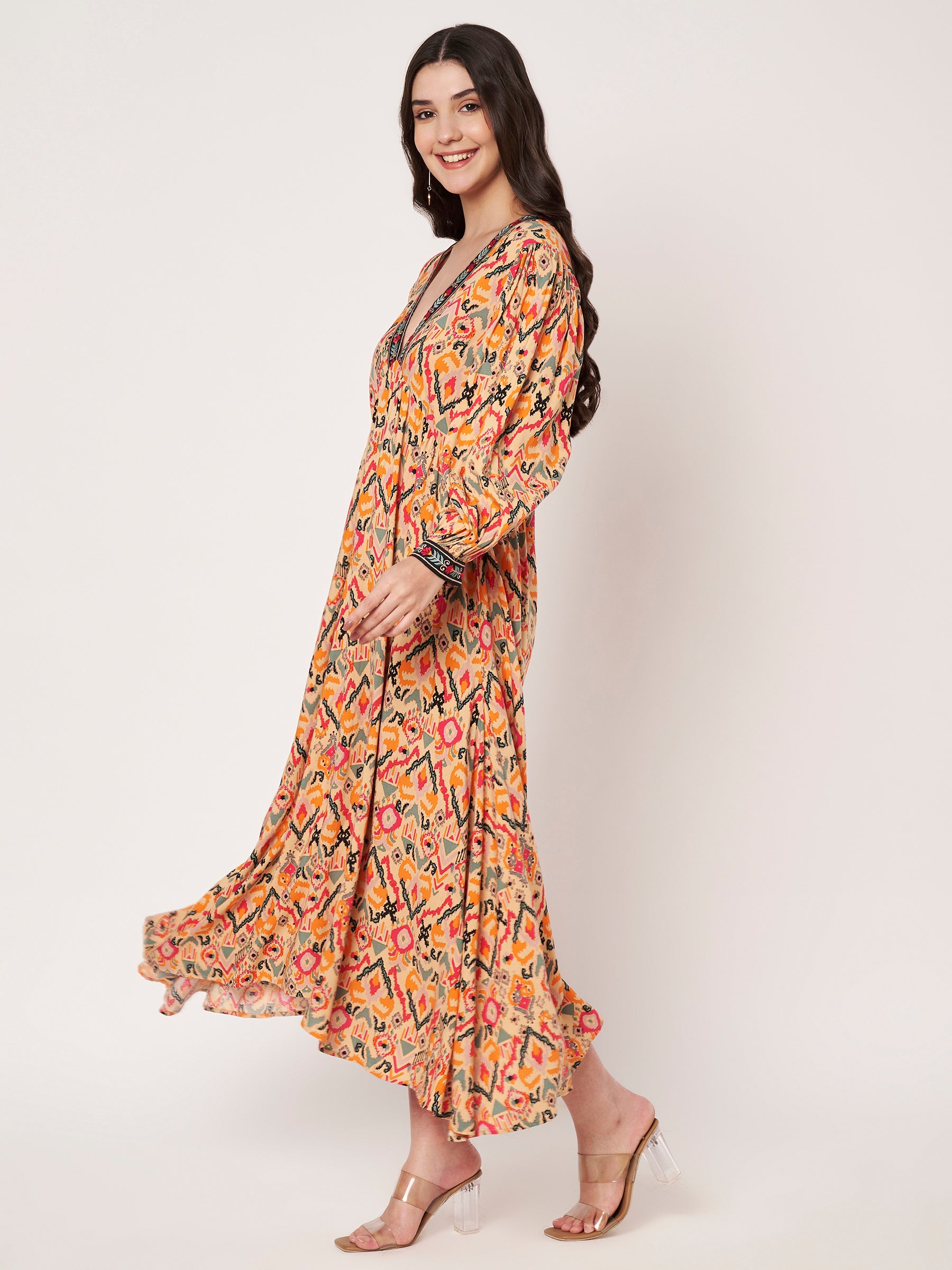 Peach Deep V-Neck Printed Midi Dress
