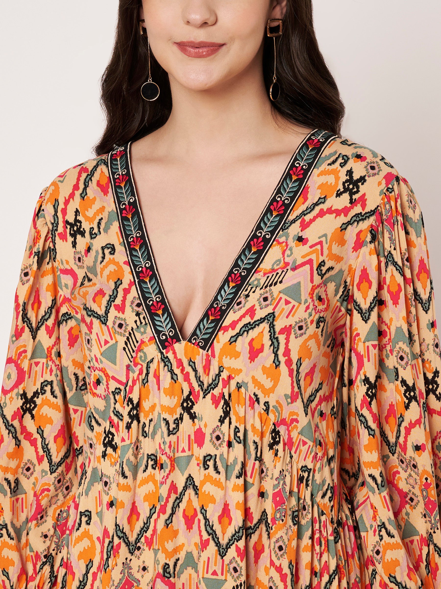 Peach Deep V-Neck Printed Midi Dress