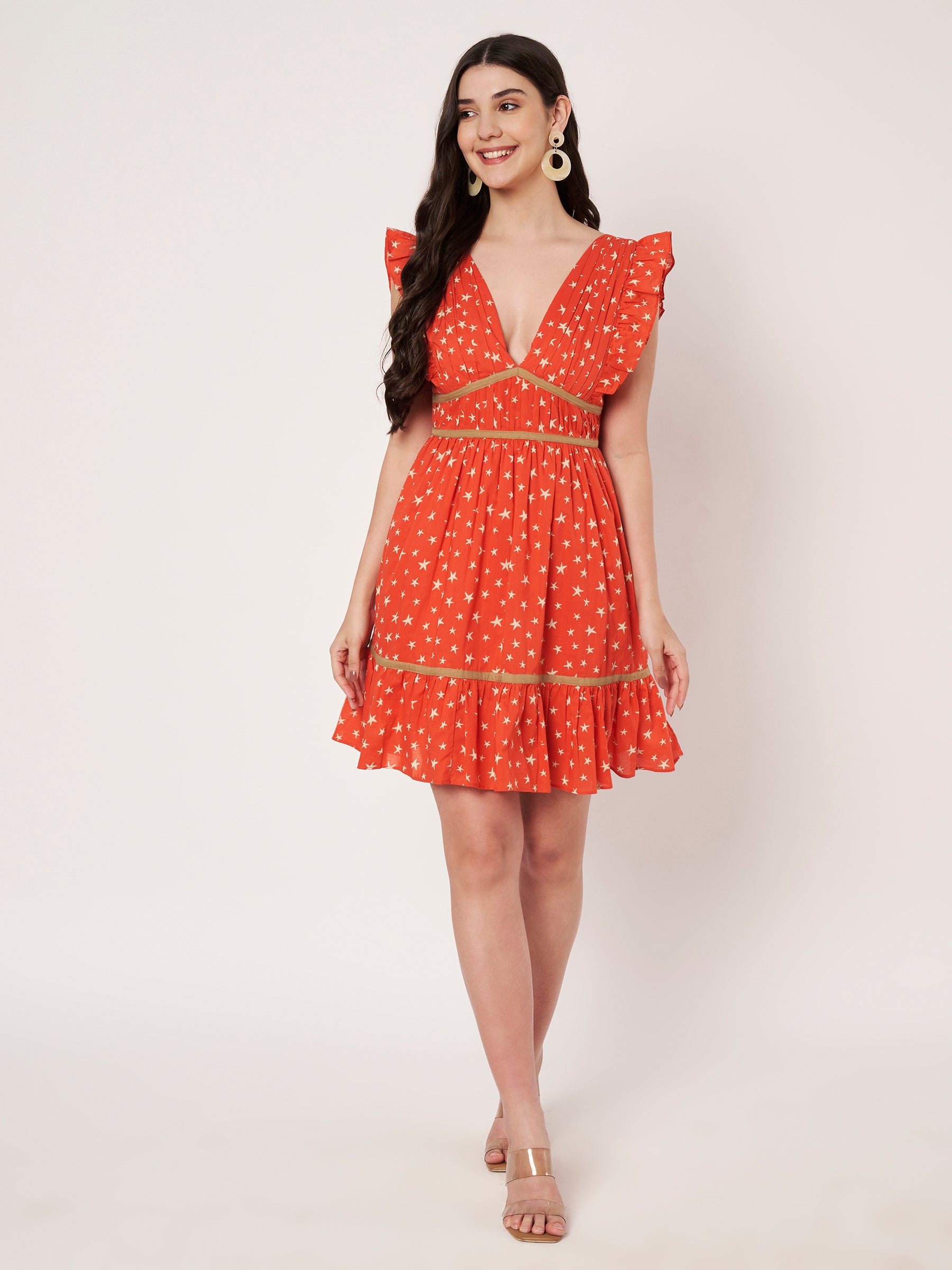 Orange Star Print Mini Dress