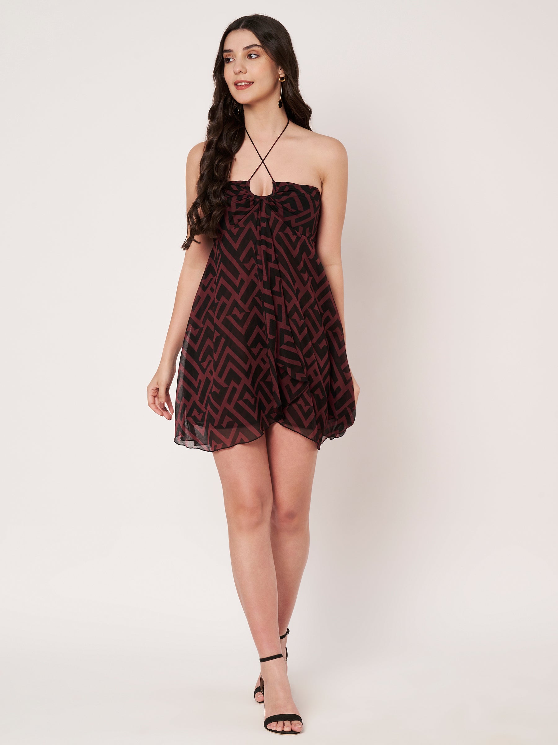 Wine Red Geometric Print Chiffon Mini Dress