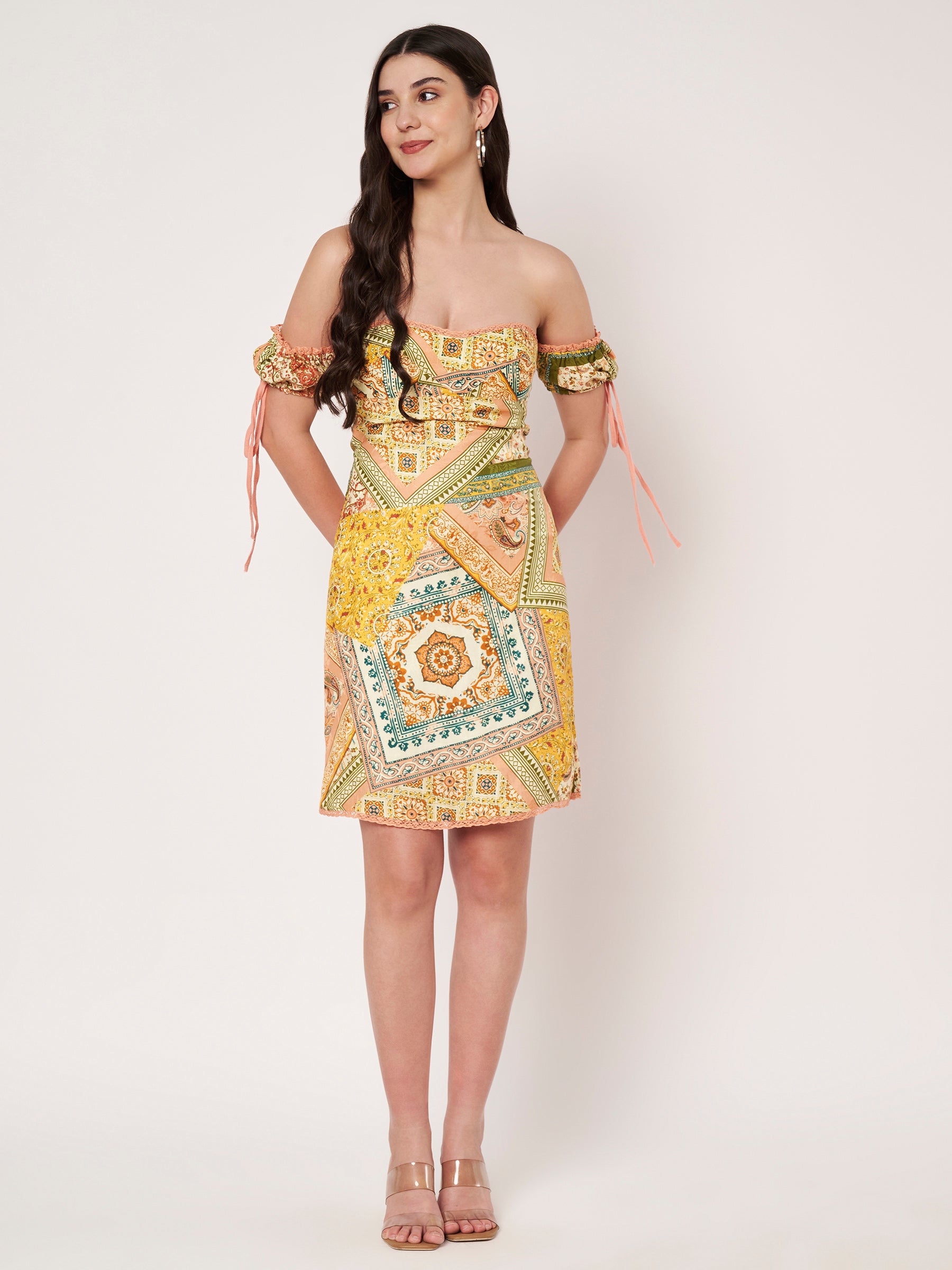 Peach Scarf Print Off Shoulder Mini Dress