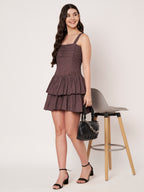 Brown Gingham Tiered Ruffle Mini Dress